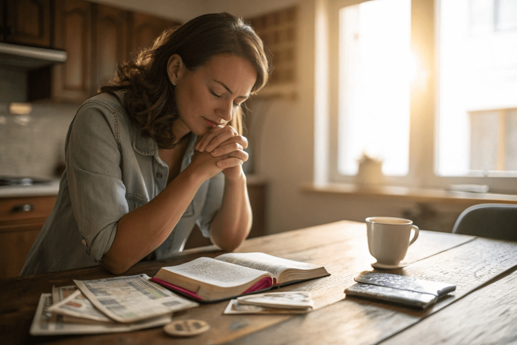 A woman praying quietly over her Bible with bills and coffee on the table, illustrating a 2 minute prayer for money blessing.