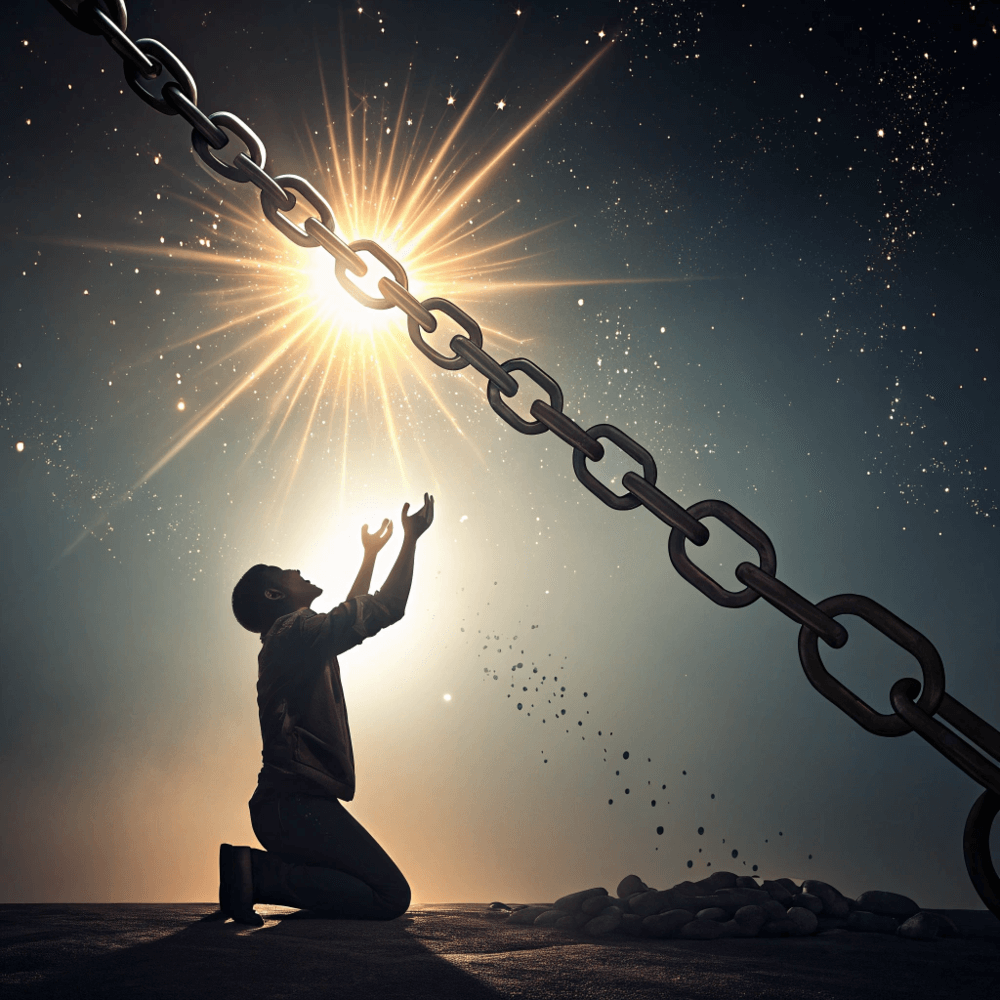 Broken chains glowing with light, symbolizing freedom from generational financial curses through prayer