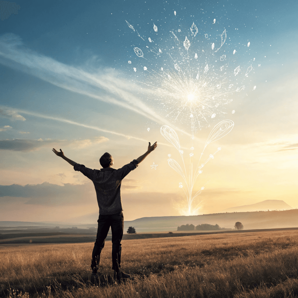 Man praising God in open field at sunrise, breaking the spirit of financial lack through faith"