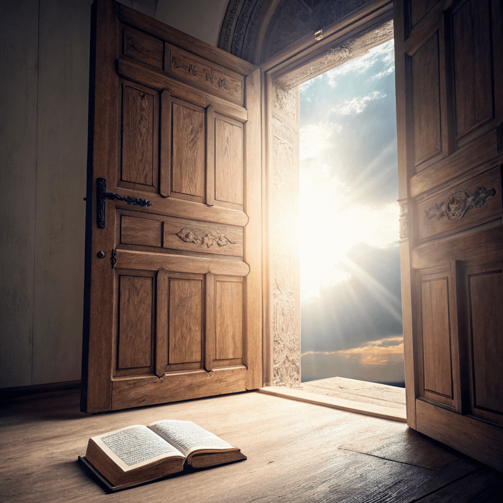 Heavenly light shining through an open door, representing divine favor and new financial opportunities