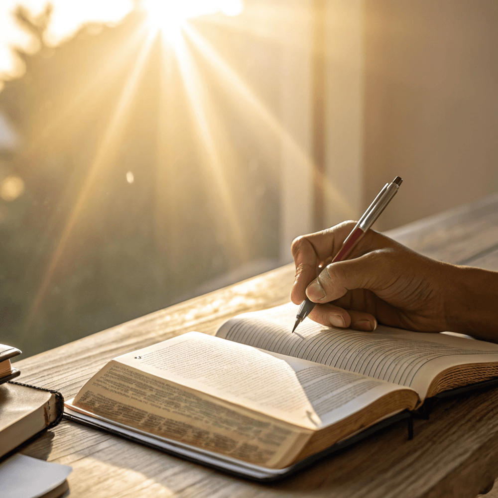 Bible and prayer journal on desk with sunlight, representing divine wisdom in financial decisions