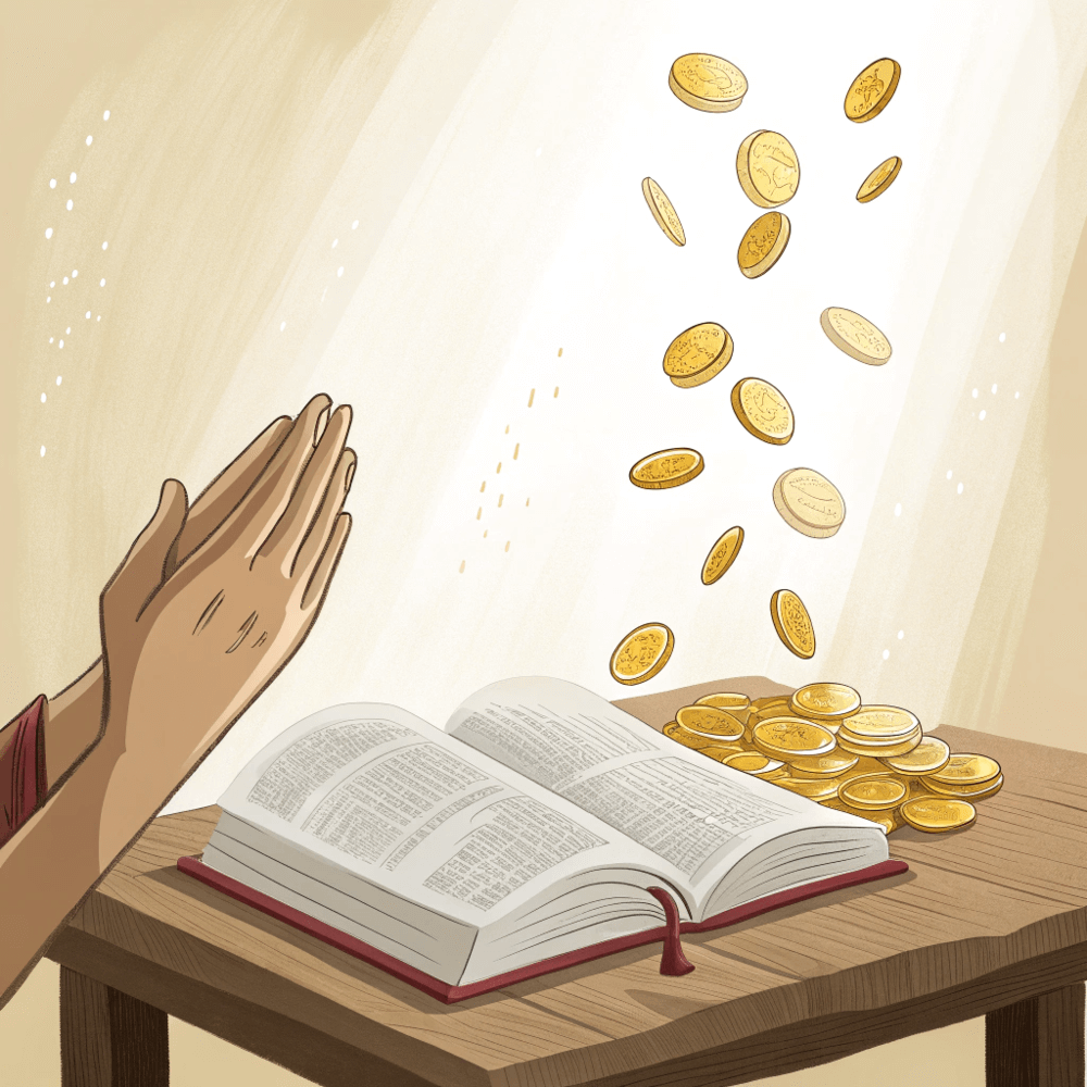 Coins flowing from an open Bible, symbolizing prosperity used for God's Kingdom