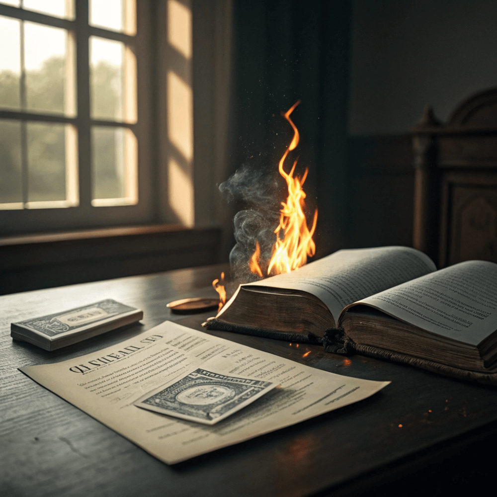 Burning debt notice and open Bible, symbolizing spiritual warfare to protect income and rebuke the devourer