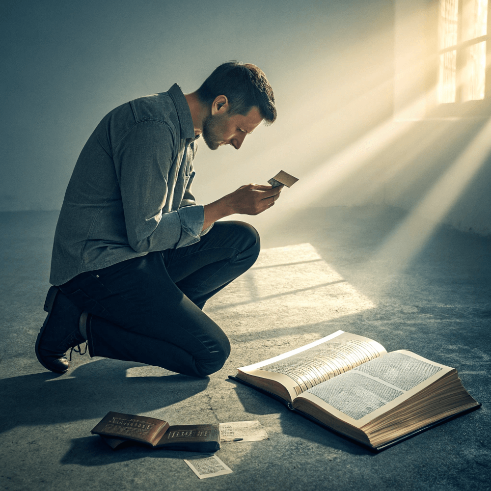 Christian praying beside torn-up debt notice and Bible, asking God for supernatural financial help