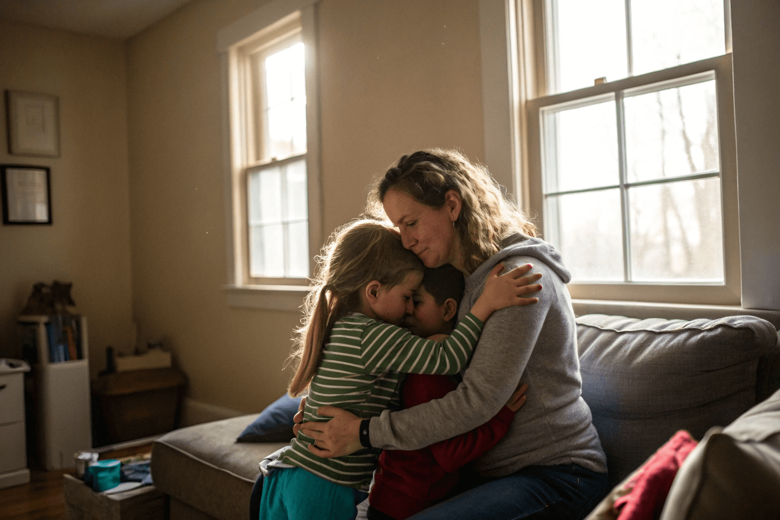 Single mom with children in warm home, symbolizing answered prayer