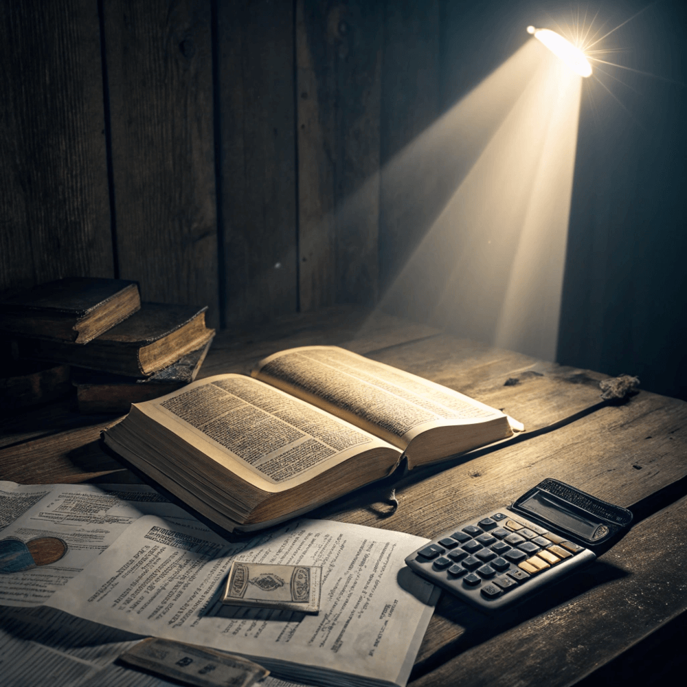 Open Bible glowing beside financial papers, symbolizing spiritual warfare over finances