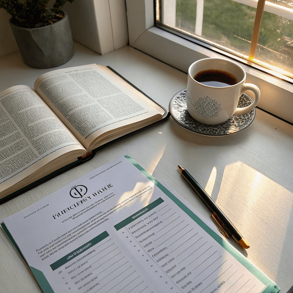 Christian financial prayer guide booklet next to Bible and coffee, promoting free PDF download