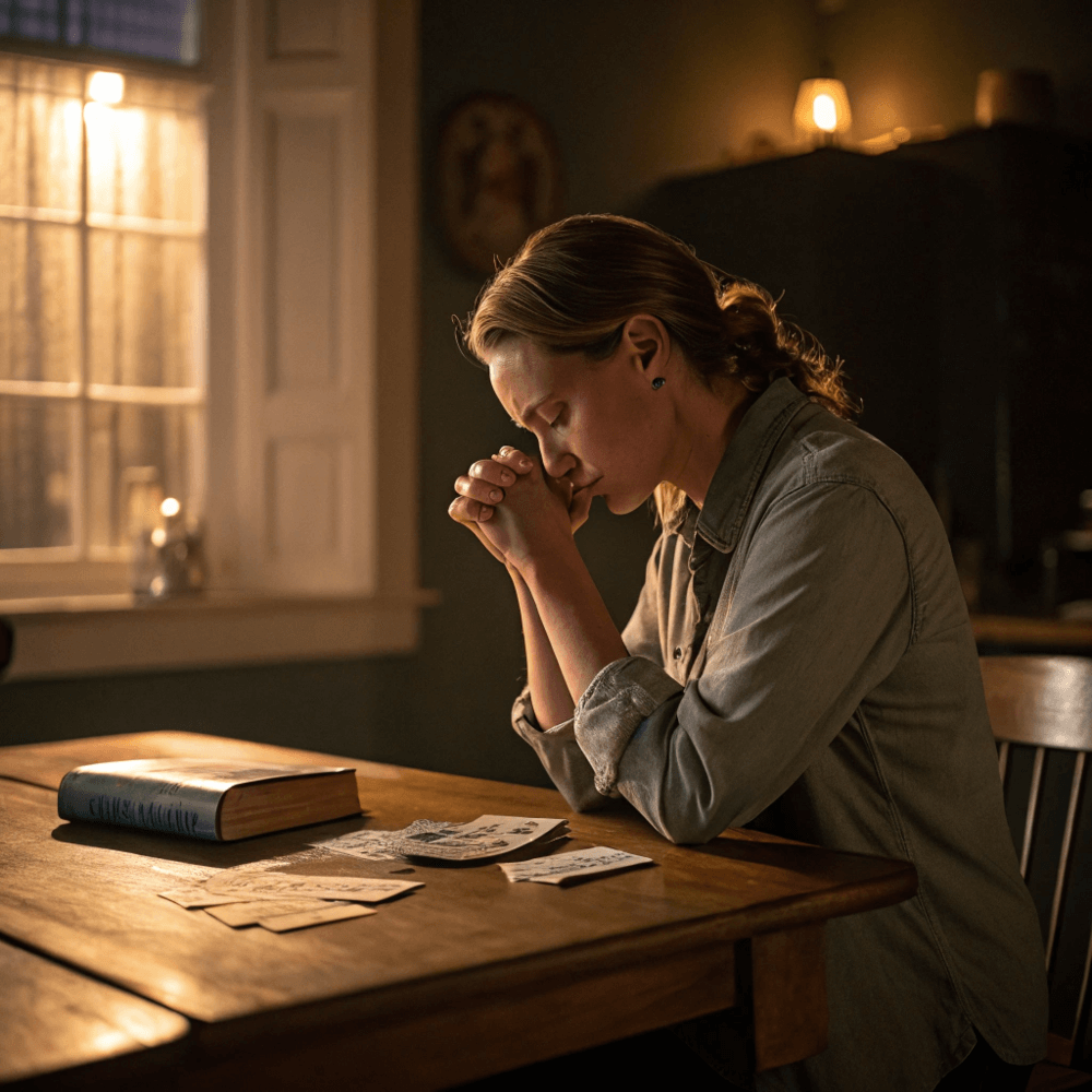 Christian woman praying over bills and Bible at night, seeking financial breakthrough through spiritual warfare